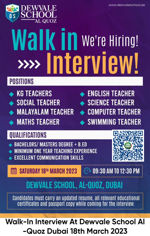 Walk In Interview At Dewvale School Al Quoz Dubai March 2023 